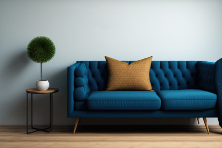 Interior wall mockup of a living room with a blue sofa, a pillow, and a wooden side table against a blank white wallの素材