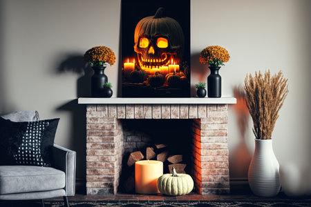 Interior of living room with Halloween themed decorations and an electric fireplaceの素材