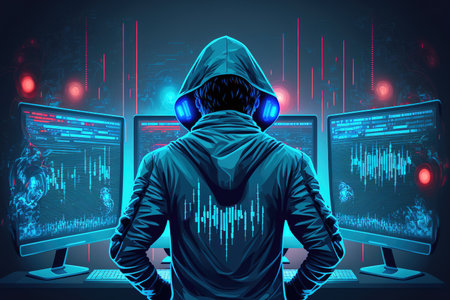 Internet speed stealing hacking and future technology concept back view of hacker at desktop utilizing computers with glowing blue 6g hologram on blurry bokeh inside backgroundの素材