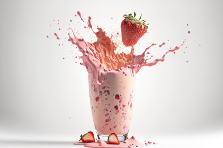 Isolated against a white background, fresh strawberry berries are falling into a glass with pink milkshakeの素材