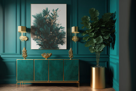 Interior view of an opulent apartment with green walls, golden plant stands, and a contemporary teal sideboardの素材