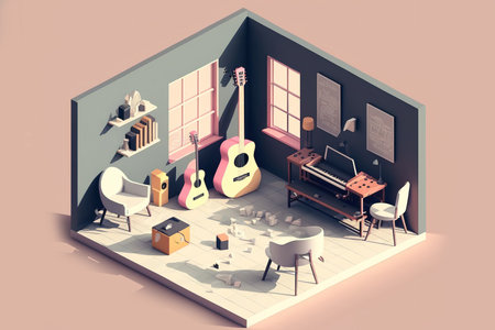 interior in low poly with guitar and chairの素材