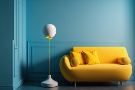 interior of a blue modern room with a light blue wall, a yellow sofa, and a white lampの素材