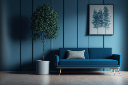 Interior with Blue Wall, Deep Blue Sofa, and Tree Wood Tableの素材