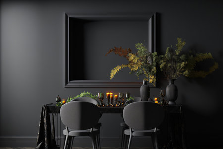 interior of a modern, dark dining room, mockup of a gray wallの素材