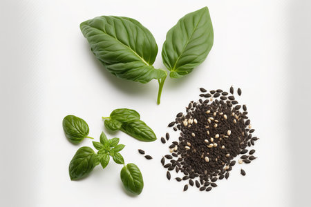 Isolated basil leaves and seeds against a white backgroundの素材