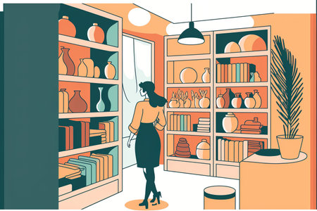 interior retail. a store selling wallpaper, furniture, or lighting. replica home. simple drawing of an outlineの素材