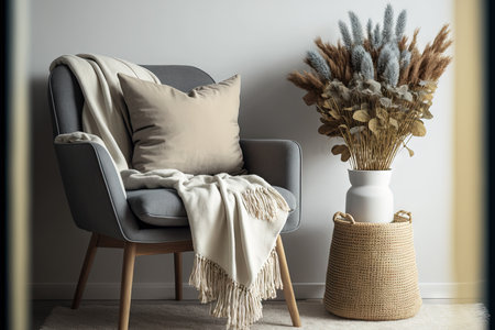 inside of a contemporary home. a chair made of gray, a blanket, a notebook, and a vase filled with dried spikelets. Minimalismの素材