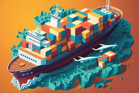 international shipping of containers carrying cargo. Containers are on a large ship in the ocean. media mix. The ideas of delivery, logistics, business, and globalizationの素材