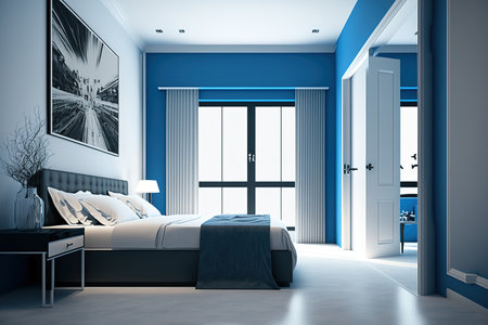 interior of a modern bedroom in white and blue,の素材