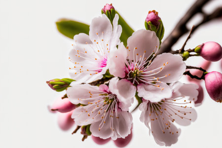 Isolated cherry blossoms against a white backgroundの素材