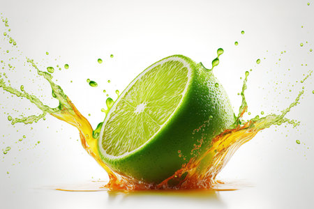 Isolated fresh lime fruit with splash of juice on a white backdropの素材