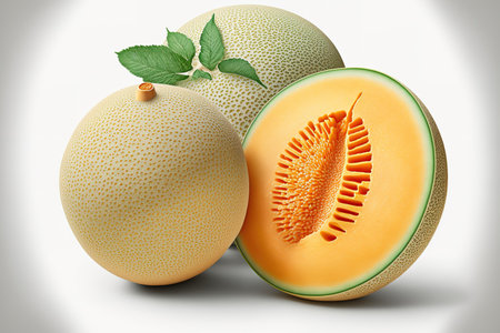 Isolated on a white backdrop, whole and sliced Japanese melons, orange melons, or cantaloupe melonsの素材