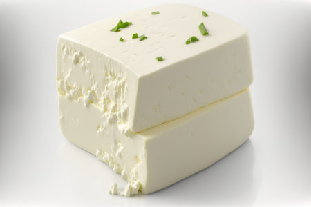 Isolated feta cheese on a white background. complete depth of field Set or groupingの素材