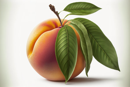 Isolated peach with a leaf on whiteの素材
