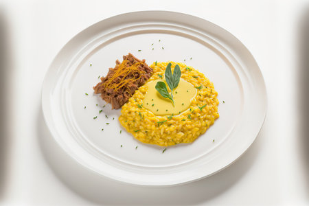 Italian risotto with ragu of beef. Lamb meat risotto with saffron, white backdrop. White plate with yellow risotto on it. Restaurant menus feature traditional Italian foodの素材