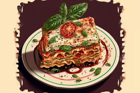 Italian cuisine featuring vegetarian vegetarian lasagna on a ceramic plate. Closeupの素材