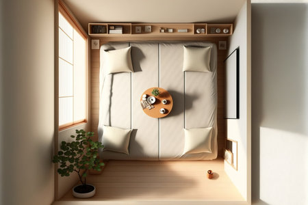 Japanese style bedroom in white and beige tones. Tatami mats, seats, and an area for zen meditation are all present. Top view of a minimalist interior design layoutの素材