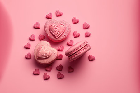Isolated on a pink backdrop, two delectable macarons in the shape of hearts are flying. French macaron sweets in a monochrome photograph that has been toned in the current color 2023 Viva Magenta. romの素材