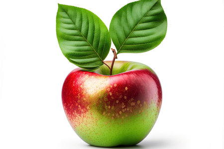 Isolated on a white background, a red apple and a green leafの素材