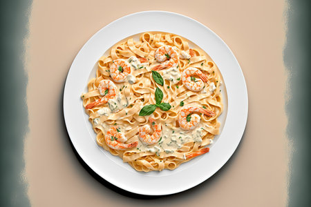 Italian pasta fettuccine with shrimp in a creamy sauce, top viewの素材