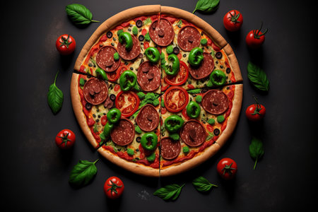 Italian pizza on a dark background with tomato, mushrooms, pepperoni, onion, and green bell pepper. meal delivered. view from the top. Copy spaceの素材