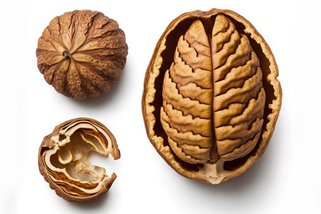 Isolated walnut. Nut on a white background of a walnut kernel. Collection. looking up. Lay flatの素材
