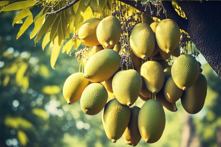 Jackfruits are abundantly hanging from a jackfruit tree. Concepts of a tree, nature, and healthy foodの素材