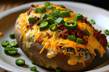 Jalapeo, bacon, cheddar, and mushroom stuffed baked potatoes close upの素材