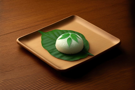 Japanese mochi on a hardwood mat with mint leaves. Japanese rice cake is customaryの素材