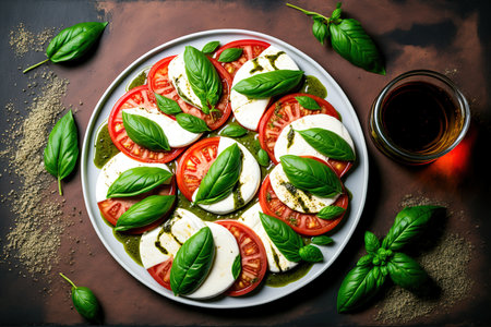 Italian caprese salad in the horizontal with pesto dressing. Olive oil, fresh mozzarella, tomato slices, and basil. Mediterranean vegetarian food was organized. A good starter. dietary appetizerの素材