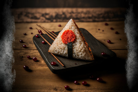 Japanese style triangle shaped rice balls known as onigiri are served with red caviar on a dark, rustic wooden boardの素材