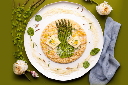 Italian risotto on a platter with parmesan cheese and asparagus from the spring. copy space in the top viewの素材