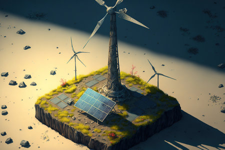 Isolated solar panel and wind turbine drawing. on a dirt island, isolated renewable energy. notion of a microworldの素材