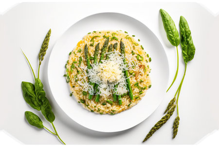 Italian risotto with parmesan cheese and spring asparagus against a white background. copy space in the top viewの素材
