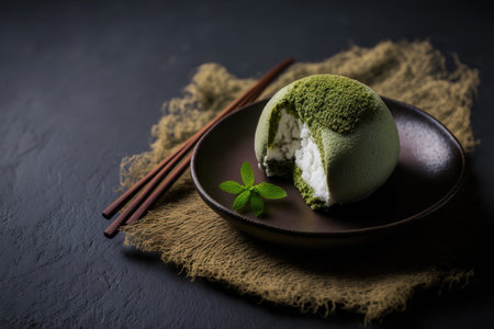 Japanese matcha mochi rice cake with a dark green background. traditional desserts from Japanの素材