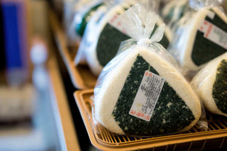 Japanese street food onigiri rice balls packaged in packetsの素材