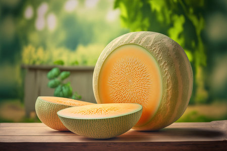 Japanese melons, honey melon, or cantaloupe Cucumis melo whole and sliced are shown on a wooden table against a fuzzy garden background. Summertime fruit of choice. Food, fruits, or the idea of healの素材