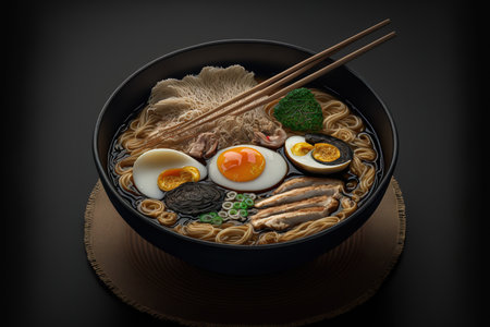 Japanese ramen noodles in a black bowl with chicken, shiitake mushrooms, and an eggの素材