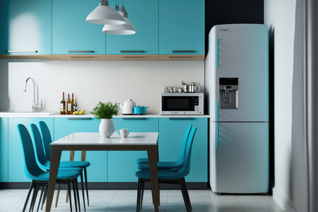 kitchen in a modern style with a dining table and blue and white colorsの素材