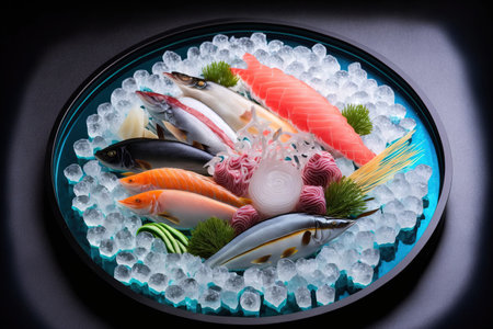 Japanese meal prepared in the Japanese style, authentic Japanese sashimi plate, fresh sashimi laid on iceの素材