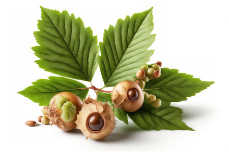 isolated hazelnuts and leaves on a white backdrop. macroの素材