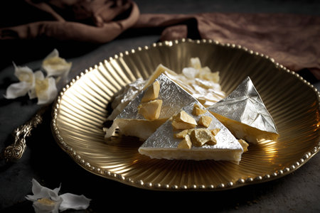 Kaju Katli, a well known Indian sweet in selective focus, is a rich and diamond shaped burfee slice prepared with hand selected cashew nuts and garnished with silver leaf in a gold bowlの素材