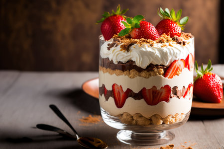 Italian tiramisu with fresh strawberries, savoyardi crumbs, and whipped cream is served in a glass atop marble. Simple dessert recipes include cheesecake, pudding, and berry trifle cakeの素材