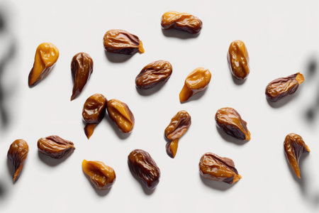isolated on a white backdrop are dried dates. looking up. Flat lay styleの素材