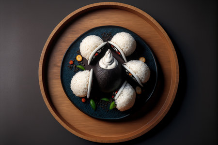 Japanese rice balls, or onigiri, in the centre of a black wooden serving plateの素材