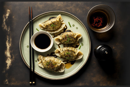 Japanese gyoza dumplings with meat and mushrooms on a porcelain dish, as well as traditional Asian pan fried gyoza dumplings with a dipping sauceの素材