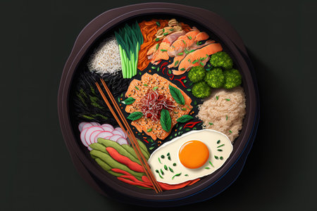 Korean cuisine with a dark background and top views of rice, cabbage, and radish kimchiの素材