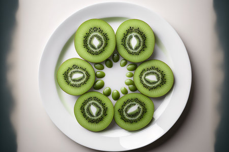 Kiwi slices on a white plateの素材