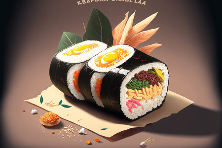 Korean street cuisine known as kimbap is a seaweed wrapped rice roll loaded with a variety of delectable ingredients, including egg, carrot, ham, tuna, shrimp, cheese, gochujang sauce, and pickled radの素材